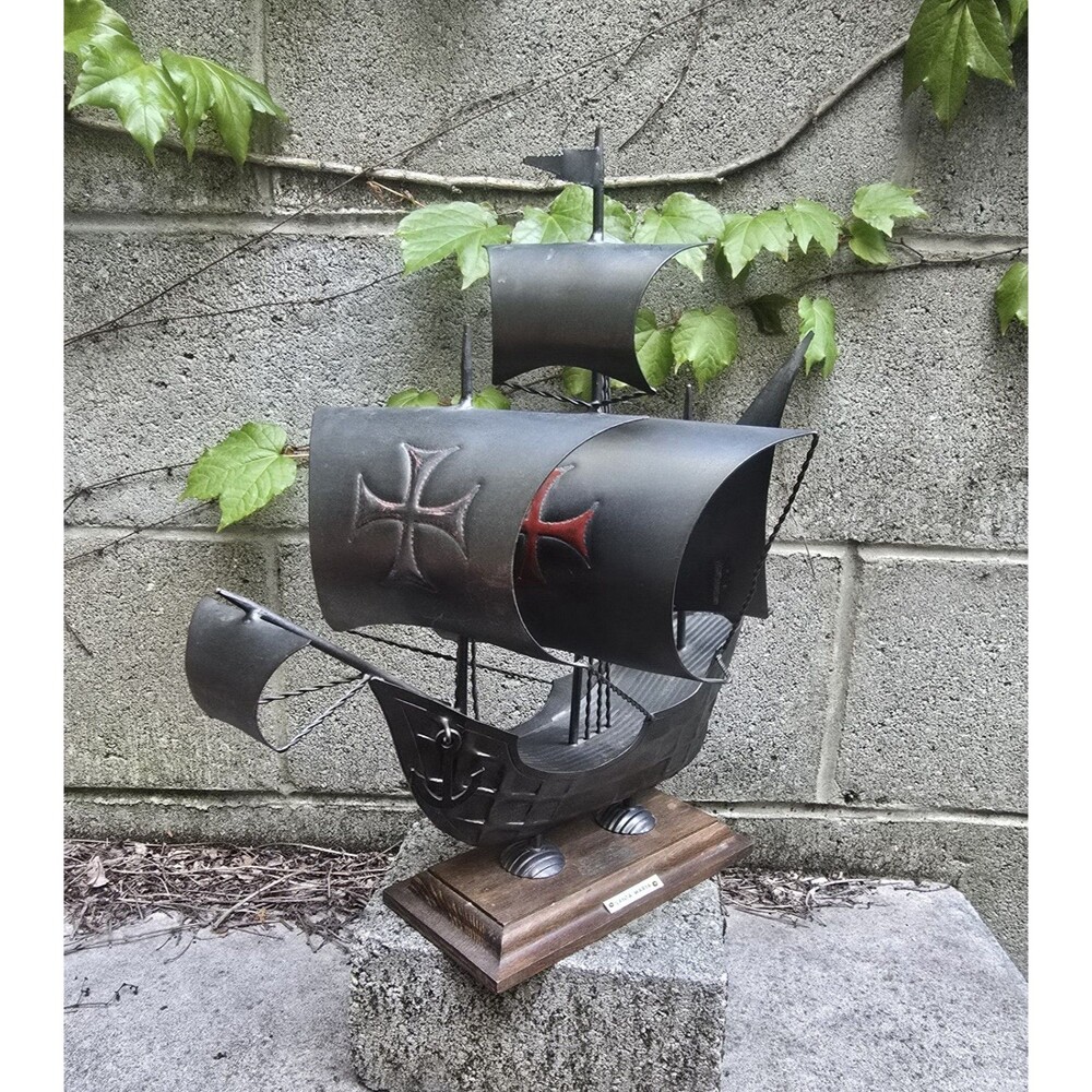 Vintage Santa Maria Sailing Ship Tin On Wooden Base Nautical Decor 15.5"x14"x9"